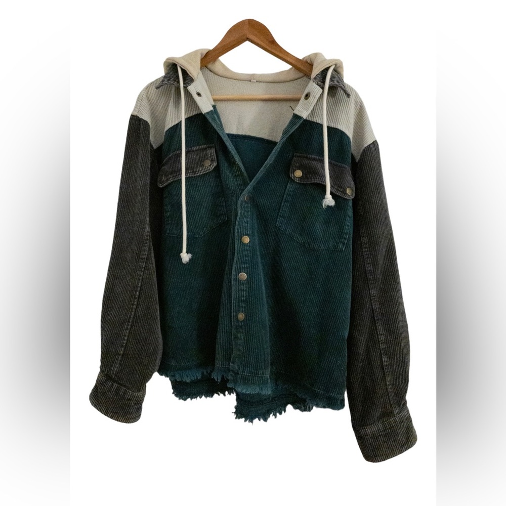 Casual Color Block Corduroy Distressed Hoodie